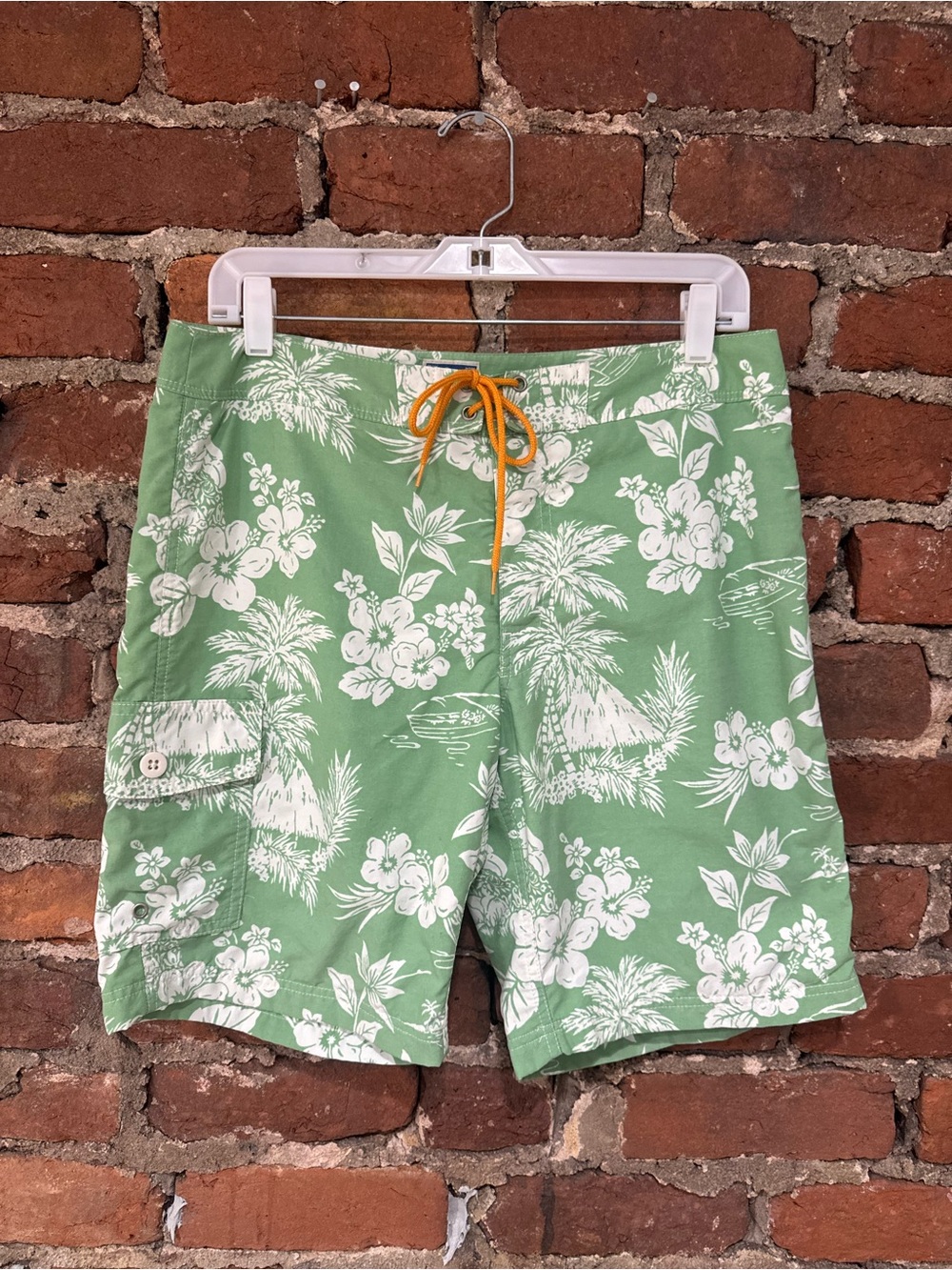 J. Crew Men’s Green Floral Swim Shorts with Orange Drawstring